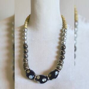 Vintage Japan Art Studio Big Chunky Bead Necklace Navy Blue Silver Off White